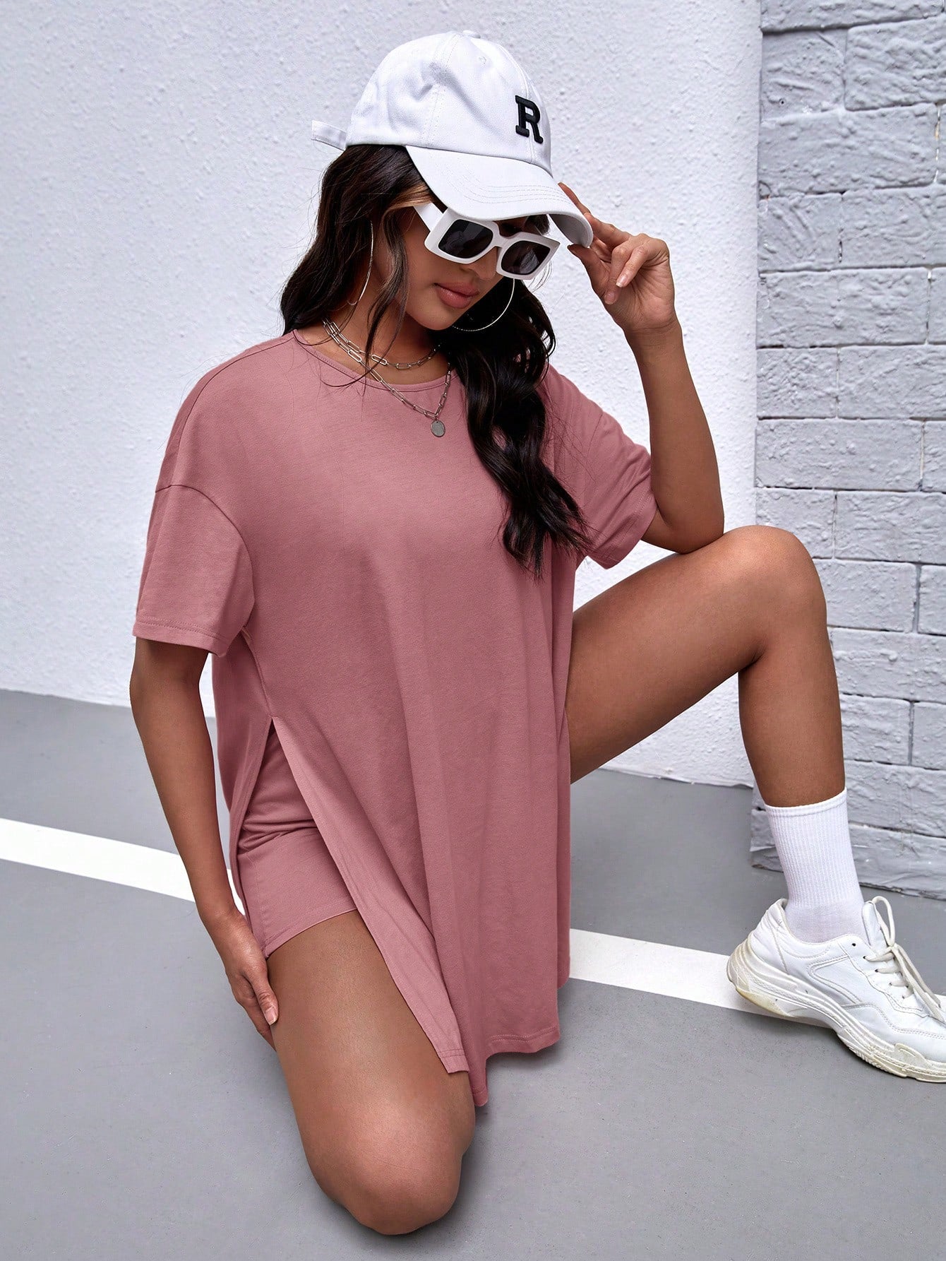Maternity Solid Split Hem Tee & Biker Shorts