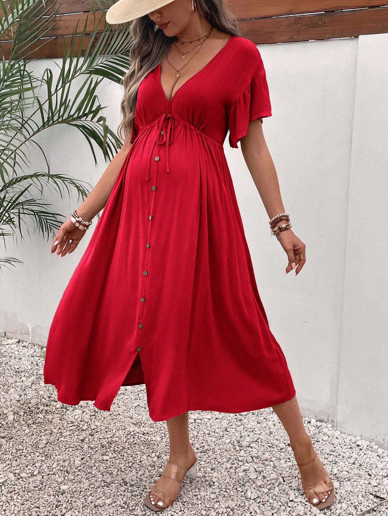 Maternity Solid Knot Front Button Detail Dress