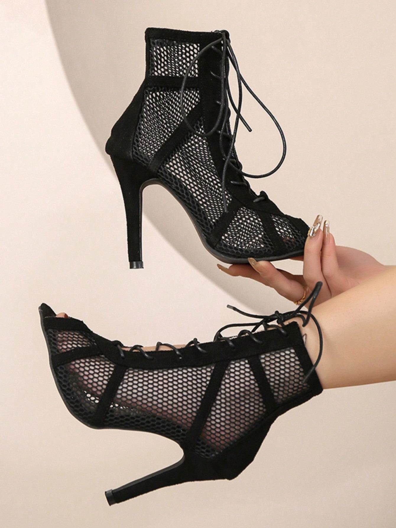 Ideal With Sweater,High Heel Peep-Toe Hollow Fishnet Ankle Boots, Fashion Short Leopard Print Lace-Up Dance Boots