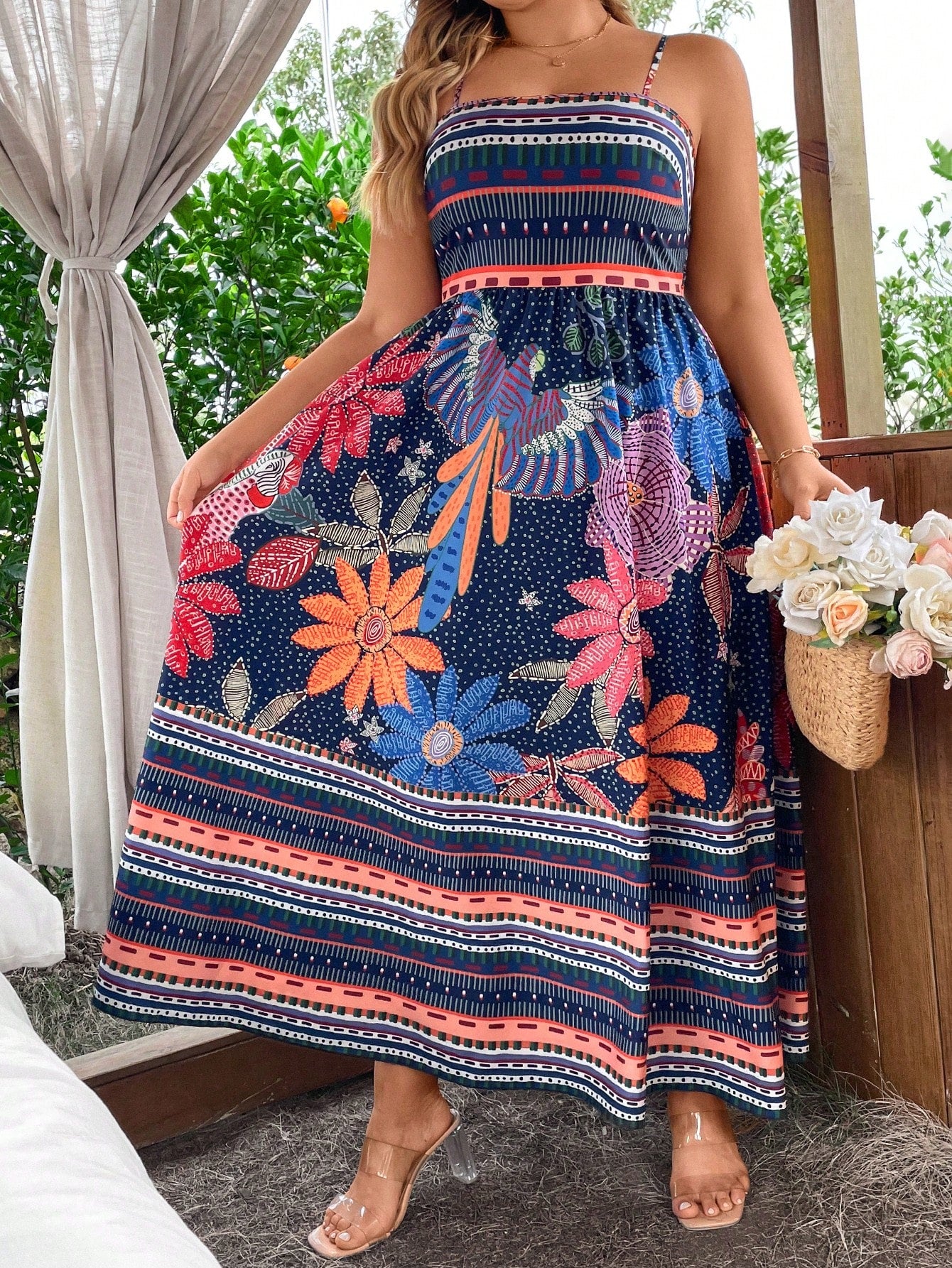 SunnyBelle Plus Size Geometric Floral Printed Strappy Dress Maxi Vacation Beach Outfits Women