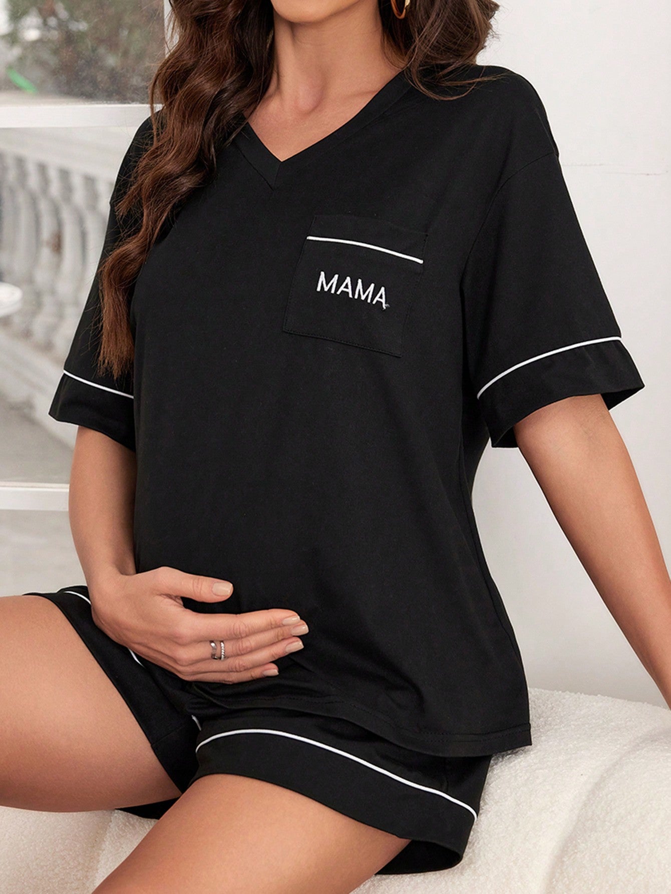 Underwear&Sleepwear Maternity Color Block Thin Border Pocket Letter Print Short Sleeve Shorts Maternity Homewear