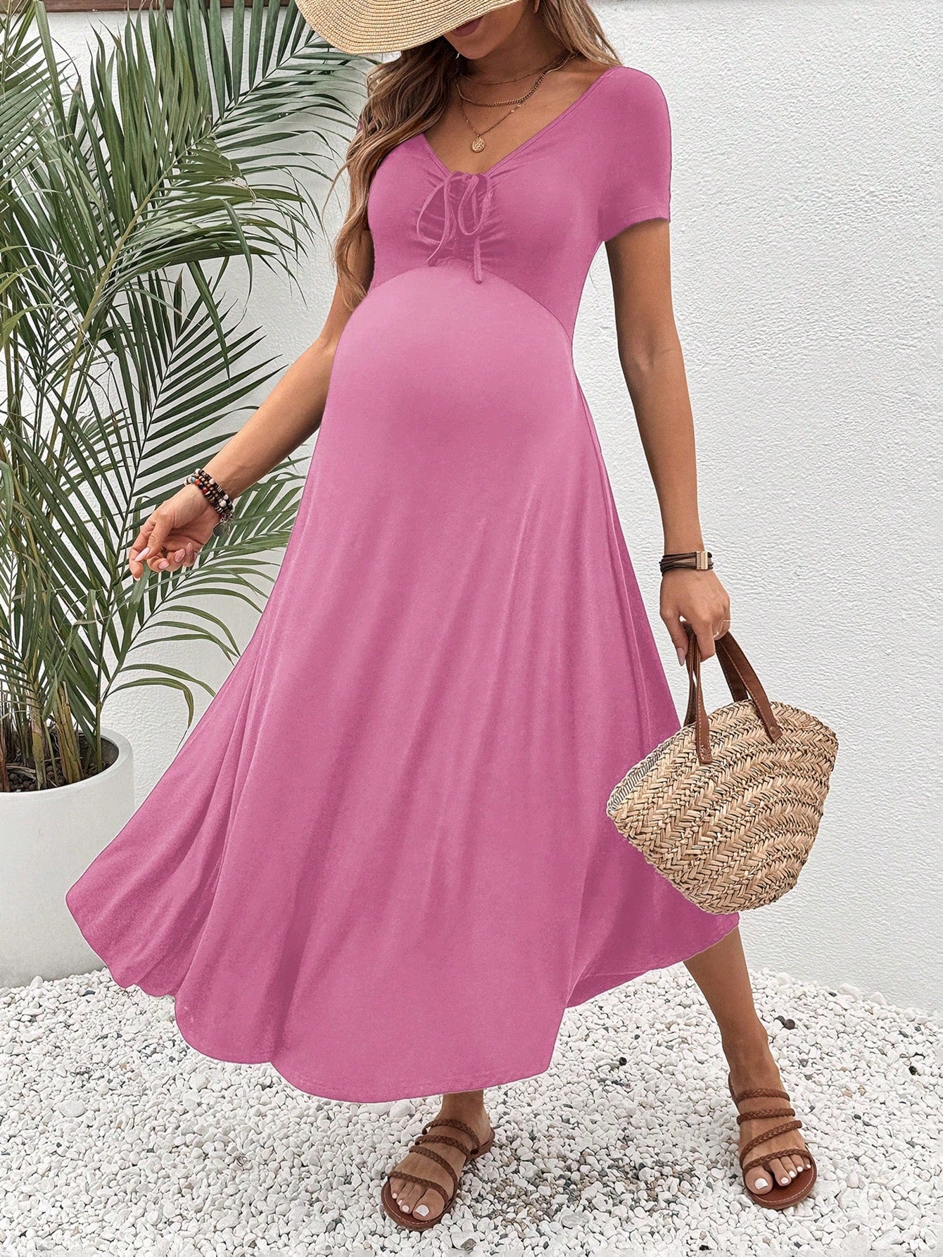 Maternity Casual Long Solid Color High-Waist Dress For Vacation