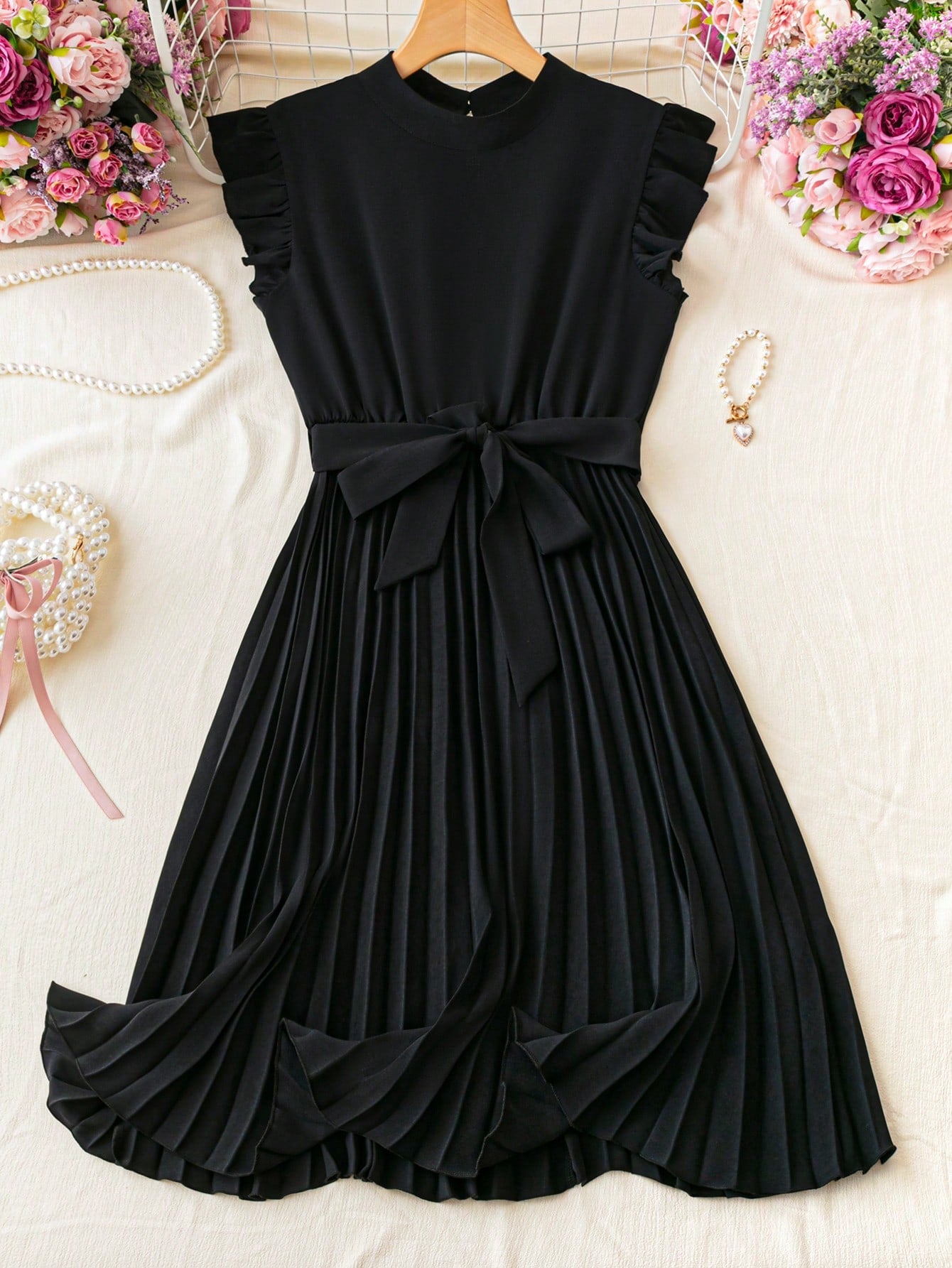 Relaxiva Floral Print Stand Collar Pleated Waist Holiday Dress