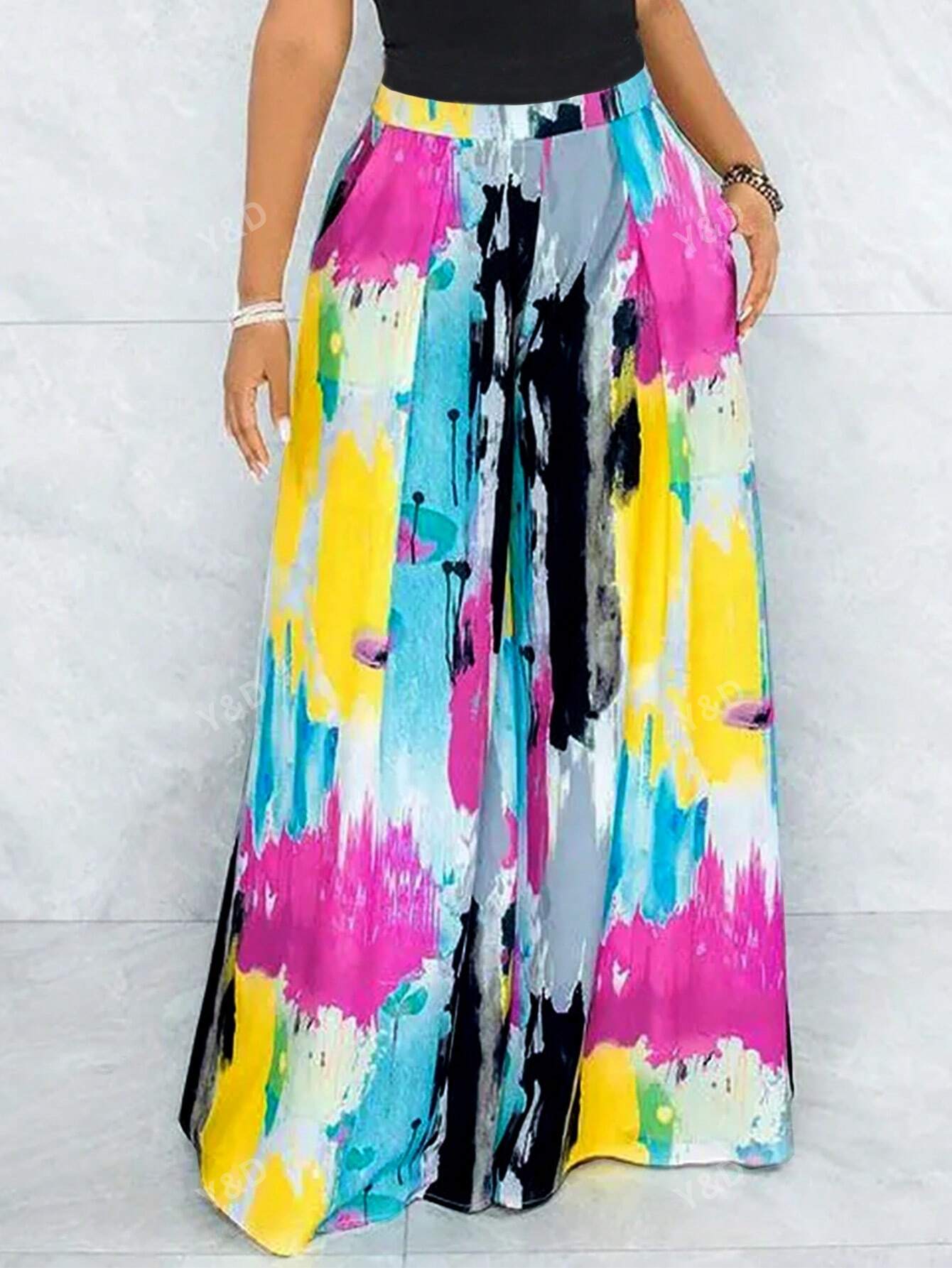 Women's Fashionable Tie-Dye Printed Elastic Waist Straight Wide Leg Pants With Pocket, Perfect For Daily Wear