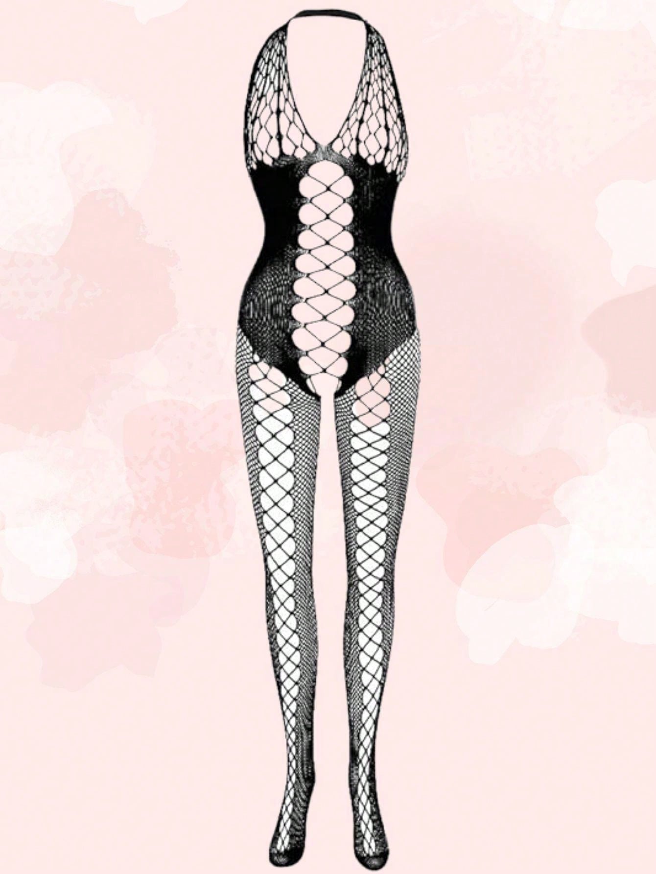 1pc Women's High Elasticity Hollow Out Backless Crotchless Black Fishnet Sexy Bodystocking, Perfect For Valentine's Day, Wedding Anniversary, Date Night, Honeymoon, Sexy Lingerie Party, Excluding Underwear Set