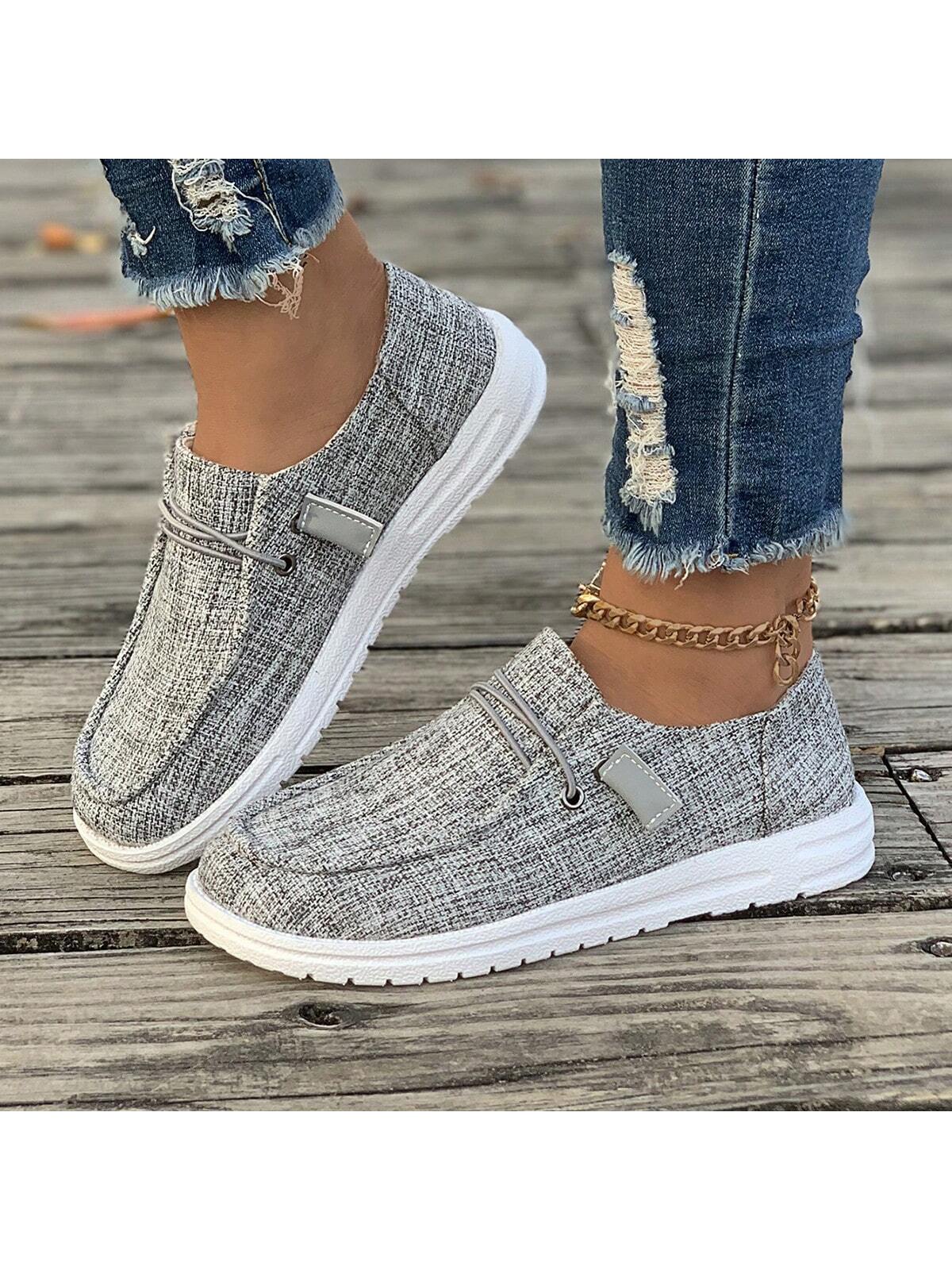 1pair Women's Comfortable Lightweight Round Toe Slip-On Canvas Flat Shoes With Anti-Skid Soles