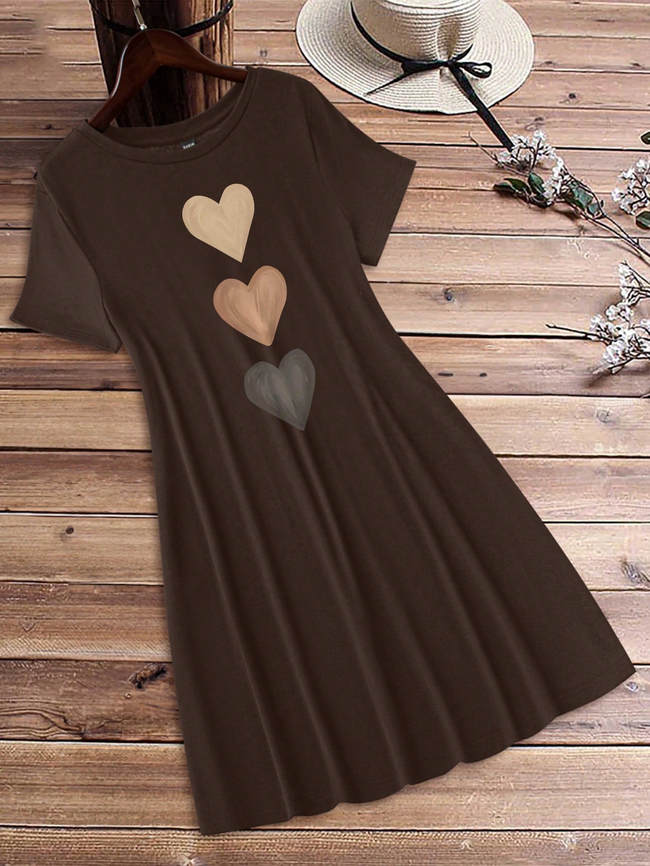 EMERY ROSE Women's Casual Love Print Round Neck Short Sleeve Bodycon Mini Dress, Summer