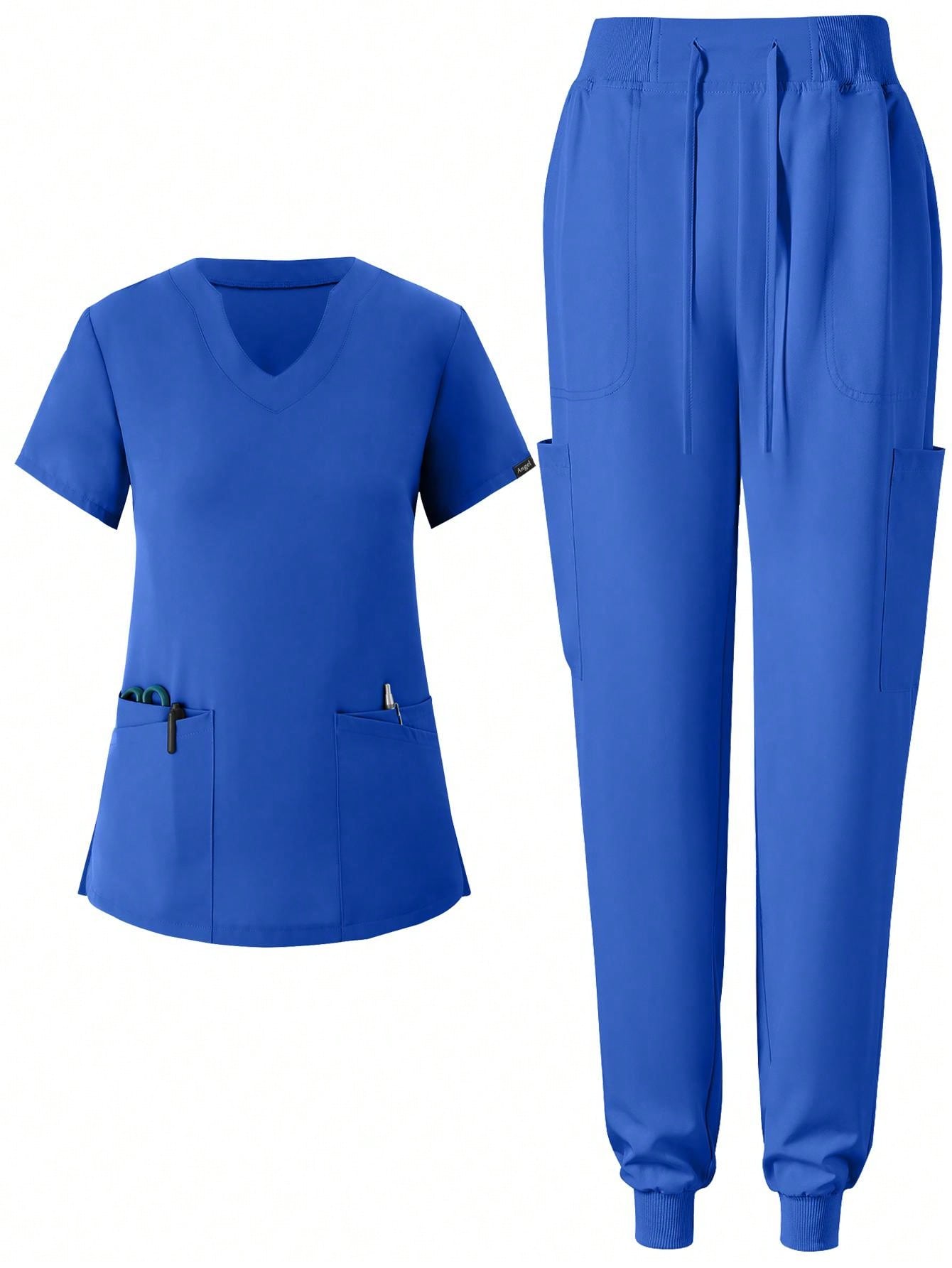 Women's Matte Elastic Jogging Nurse Uniforms Scrub Set, Breathable Pocketed Workwear For Hygiene And Hand Cleaning