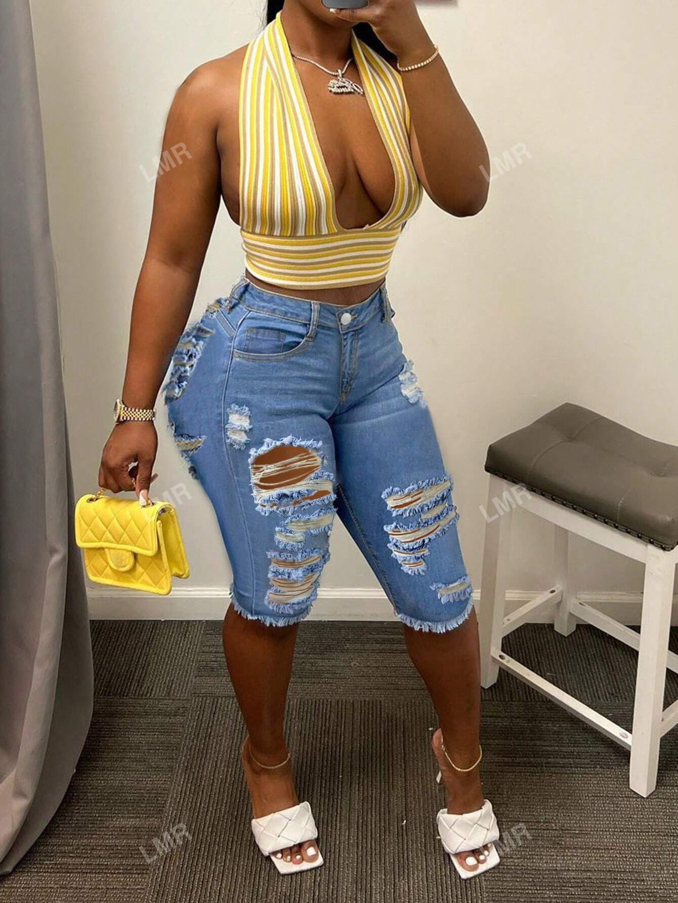 Ladies" Bermuda Casual Denim Shorts With Distressed Holes, Pocket And Frayed Hem