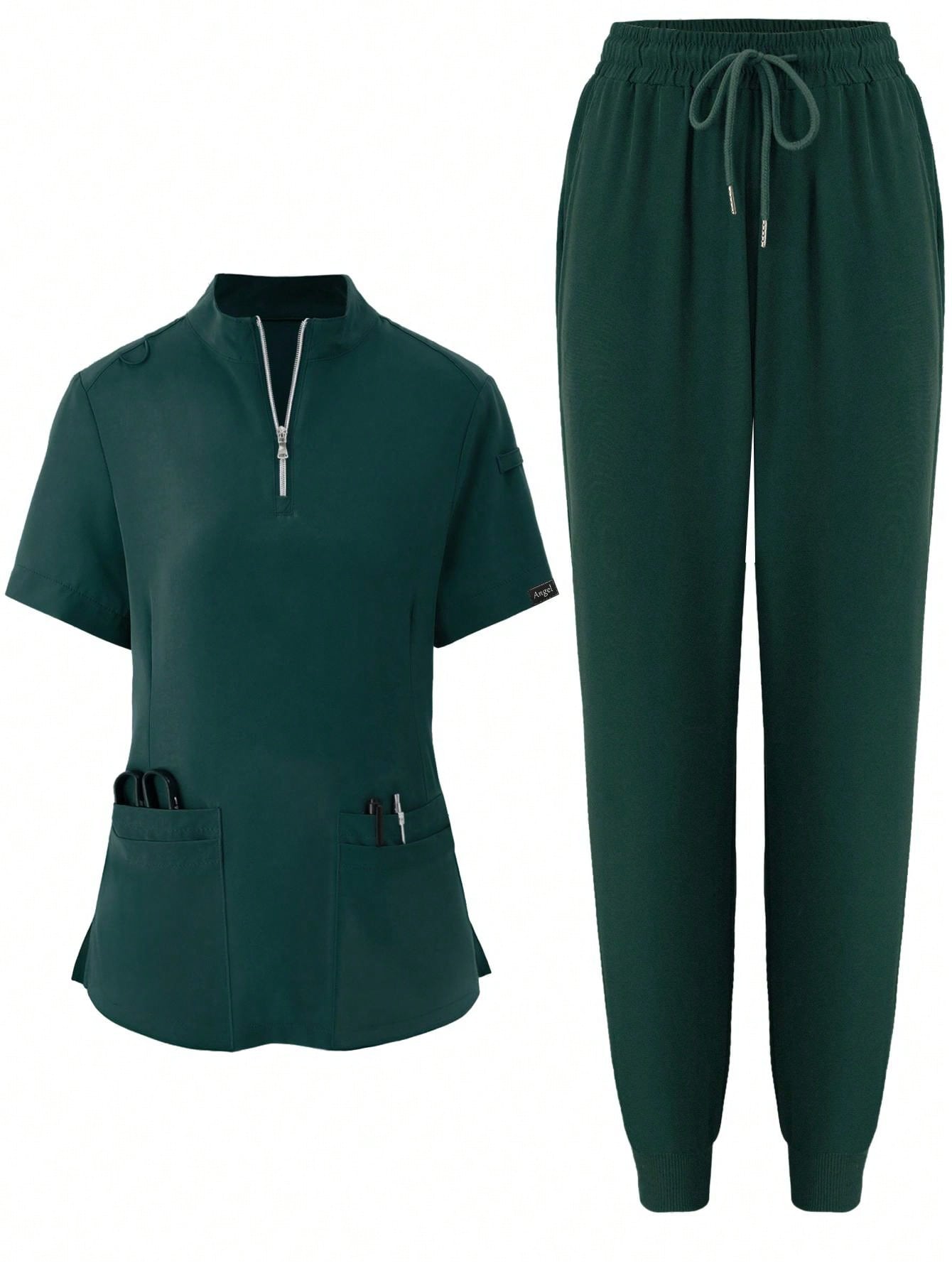 Women's Elastic Jogging Scrub Uniform, Breathable Anti-Static Pocket Coat & Pants Set