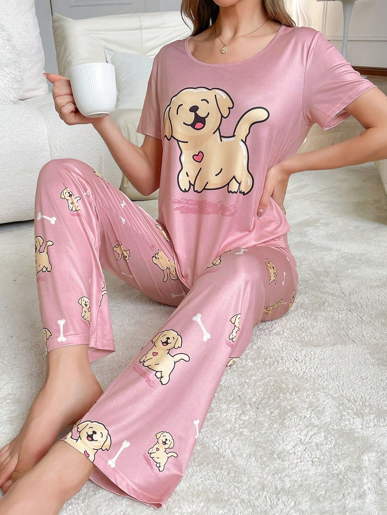 Women's Cartoon Dog Pattern Short Sleeve Long Pants Pajamas Set