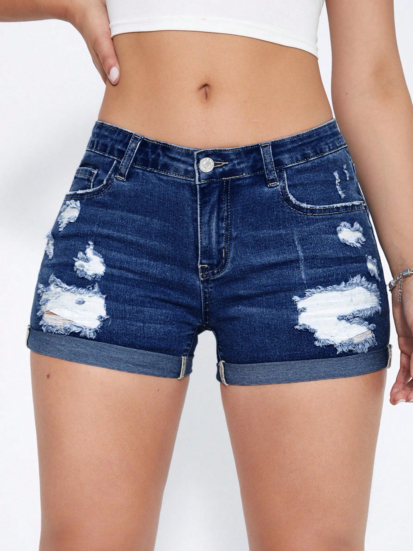 EZwear Women's Casual Denim Shorts With Distressed Detail And Rolled Hem