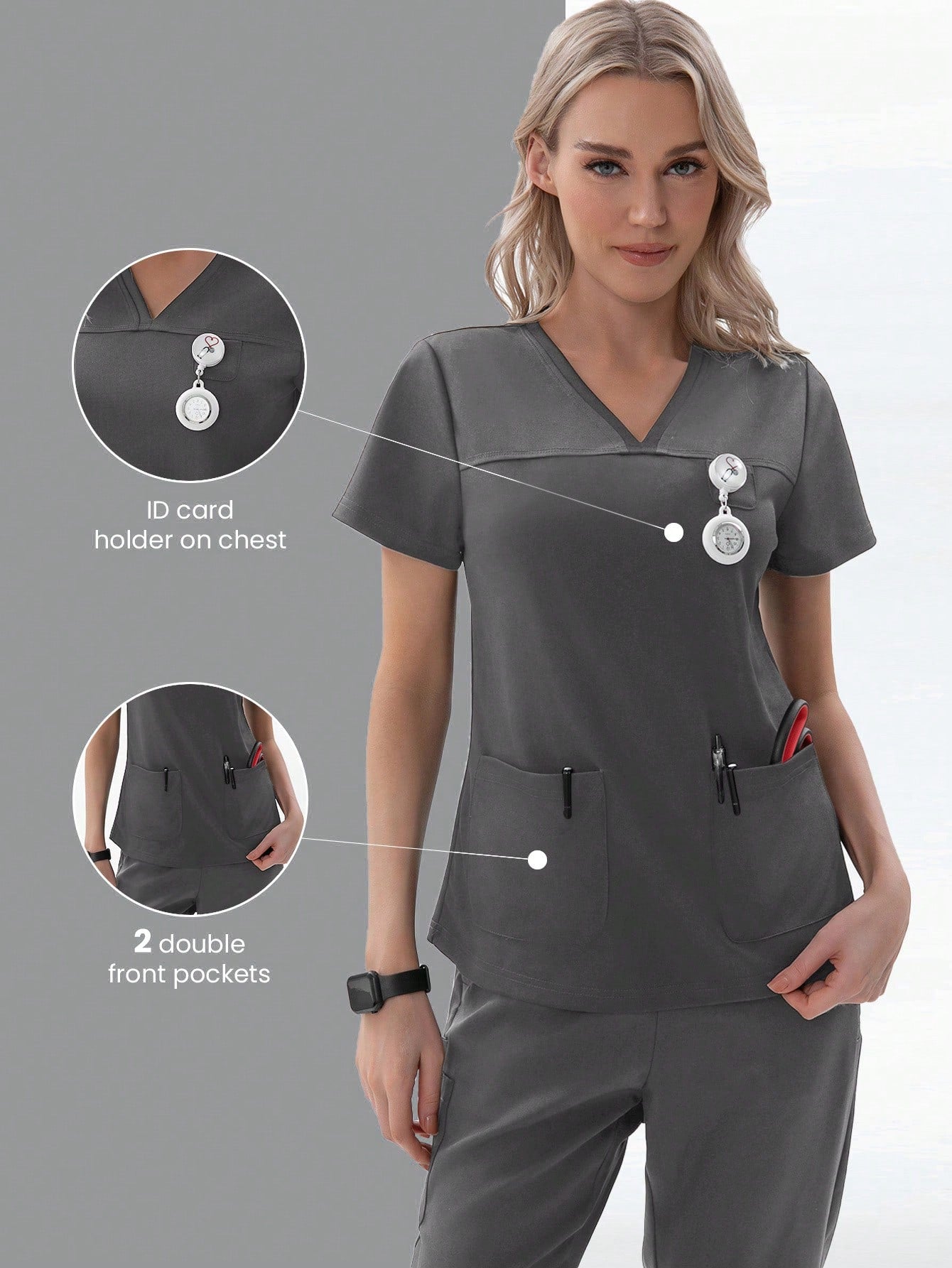 TaskFit 2-Pockets V-Neck Short Sleeve Nurse Uniform Scrub Top Clothes For Women