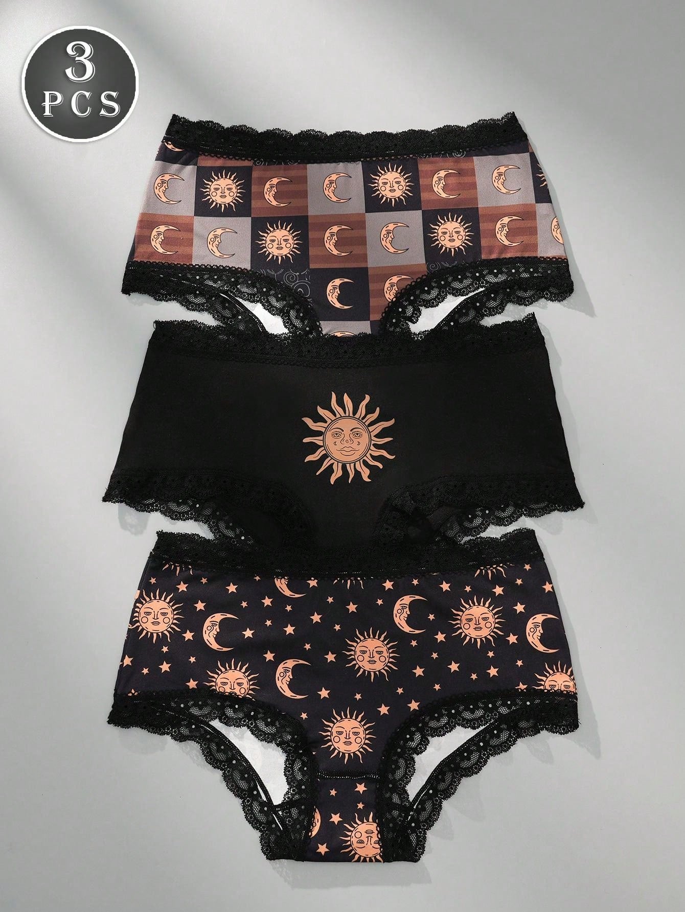 3pcs/Pack Women Solar System Print Lace Trim  Breathable Comfortable Sexy Panties