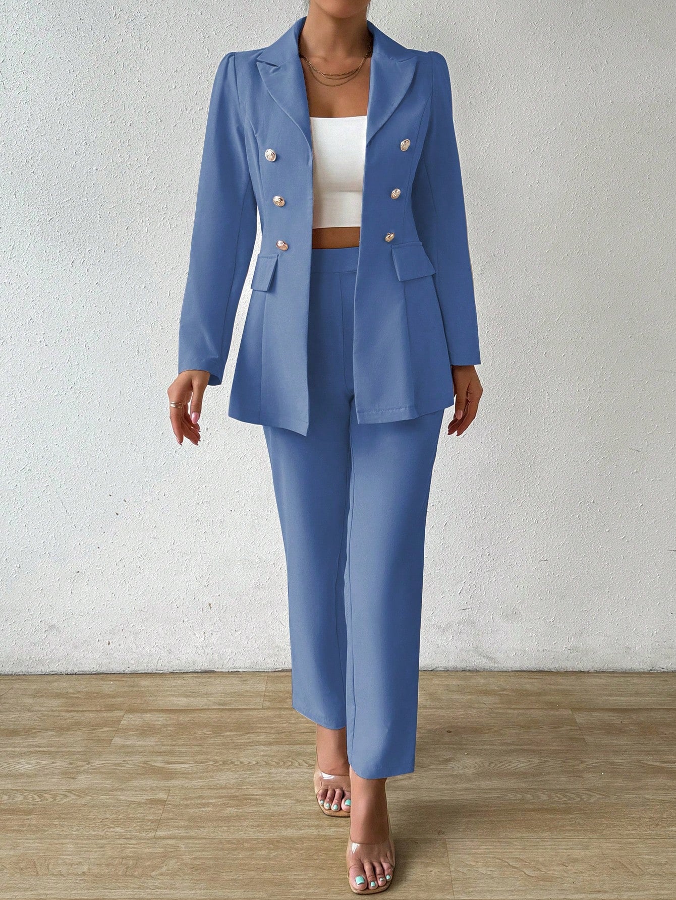 Raffinéa 2pcs Solid Color Double-Breasted Jacket And Trousers Suit, Spring & Fall