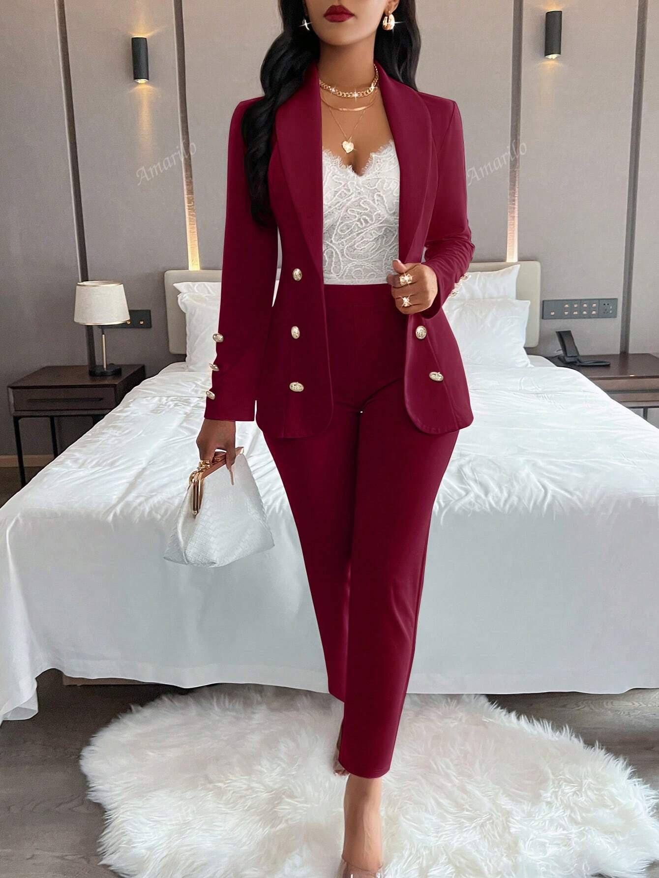 Ladies' Notched Collar Suit Long Sleeve Jacket And Pants Two Piece Set