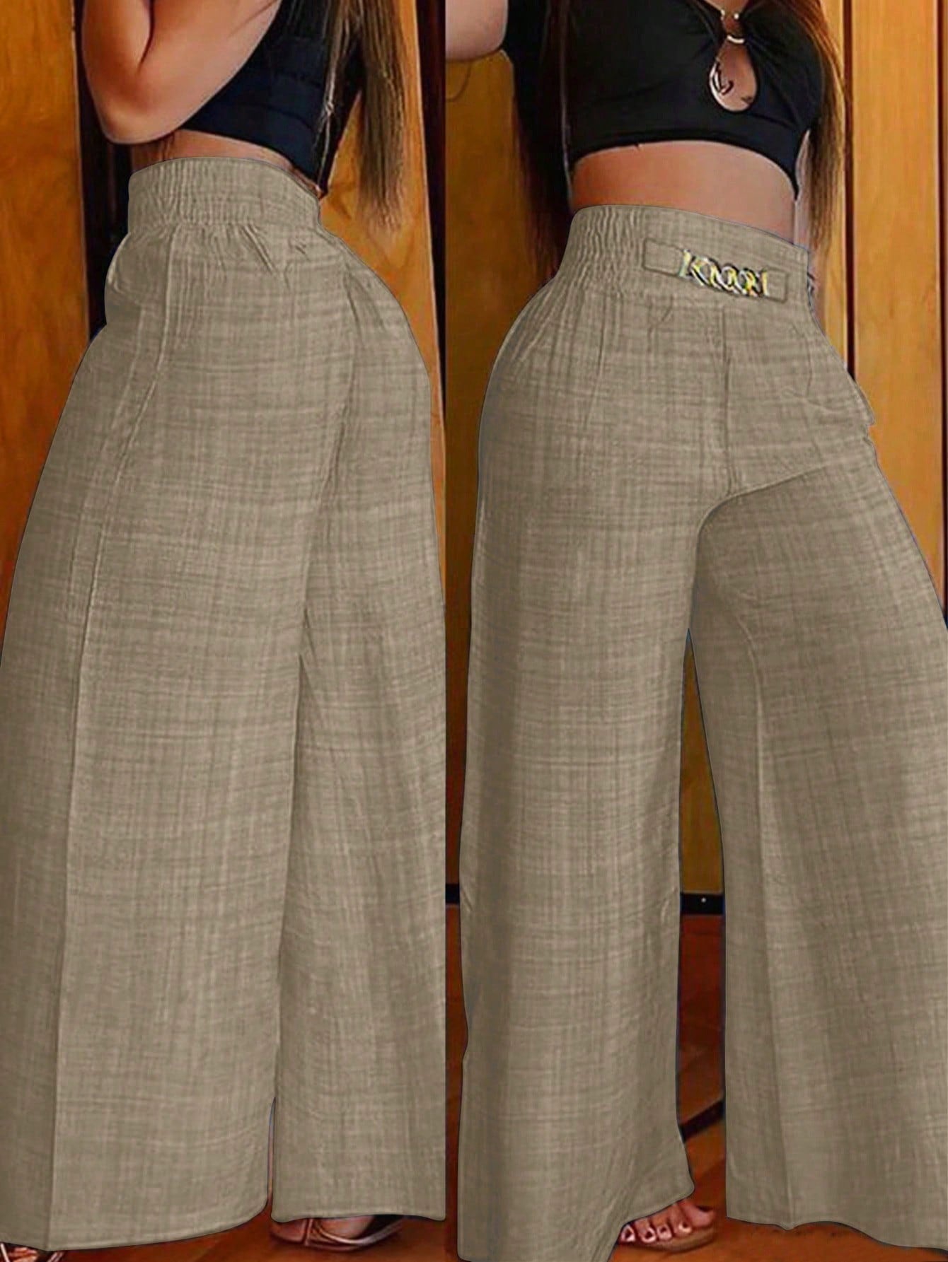 Clasi Women's Casual Metal Chain Embellished Loose Wide Leg Pants, Linen Khaki Trousers Autumn