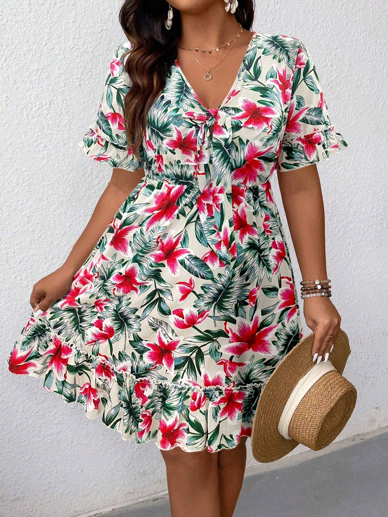 LUNE Plus Size Women's Plant And Floral Print Front Tie Dress, Suitable For Summer