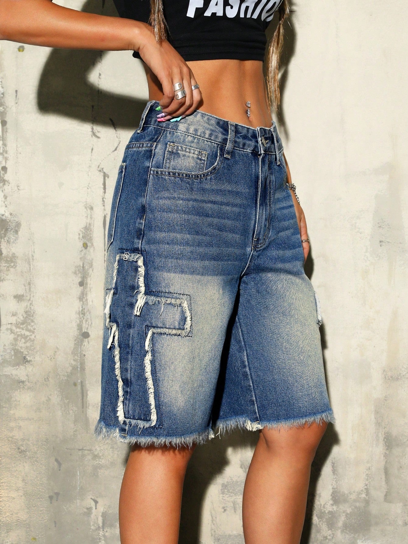 ICON Vintage Wash Denim Shorts With Front Buttons, Multiple Pockets, And Embroidered Detailing