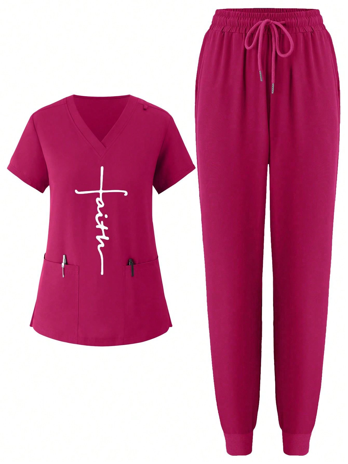 Women's Jogger Scrubs Elastic Nurse  Uniform Washable, Front Print Breathable Scrub Suit