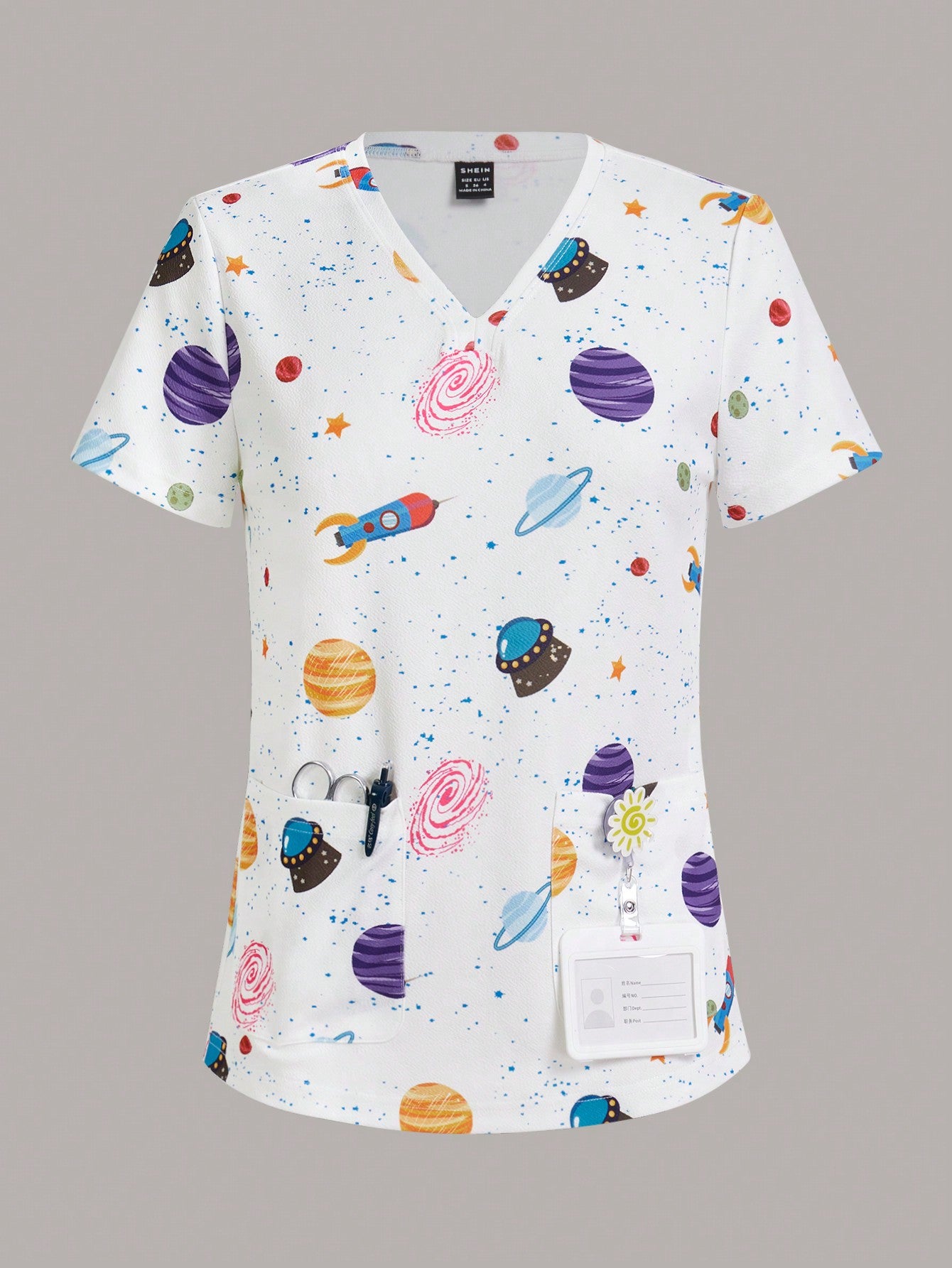 TaskFit Women's Sweetheart Neckline Matte Scrub Top, Women's Short Sleeve V-Neck Nurse Uniform Top, 2 Pocket Tee Printed Soft Stretch Matte Scrub Top