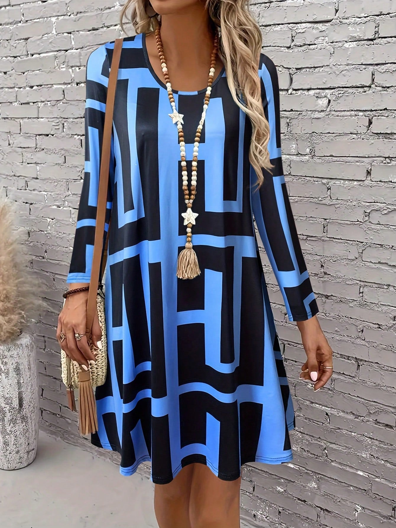 Geometric Pattern Long Sleeve Dress, Autumn New Arrival