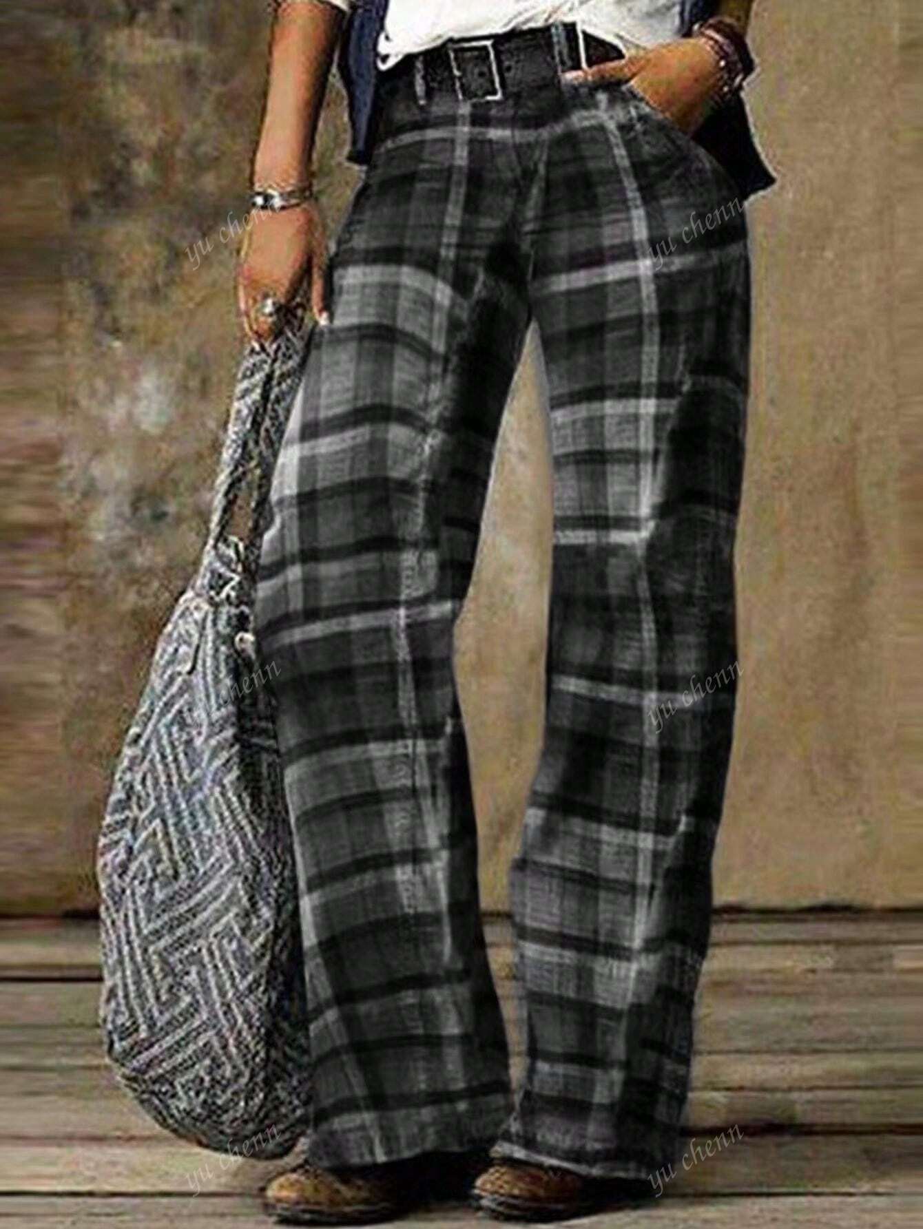 Women Casual Plaid Print Loose Wide Leg Pants