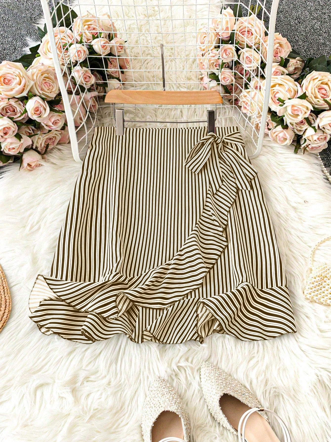LUNE Plus Size Spring & Summer Casual Color-Block Striped Tie Waist Ruffled Wrap Skirt Ruffle Shorts