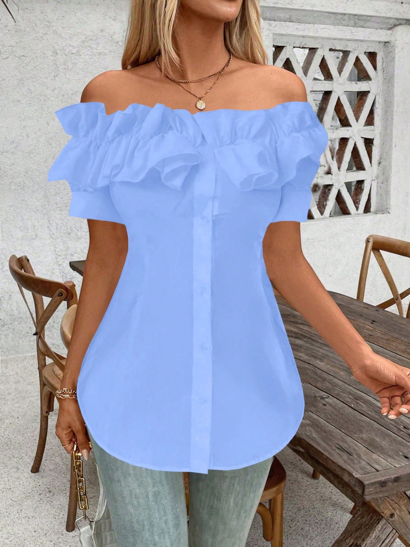 Holidaya Solid Color Ruffle Off Shoulder Short Sleeve Blouse