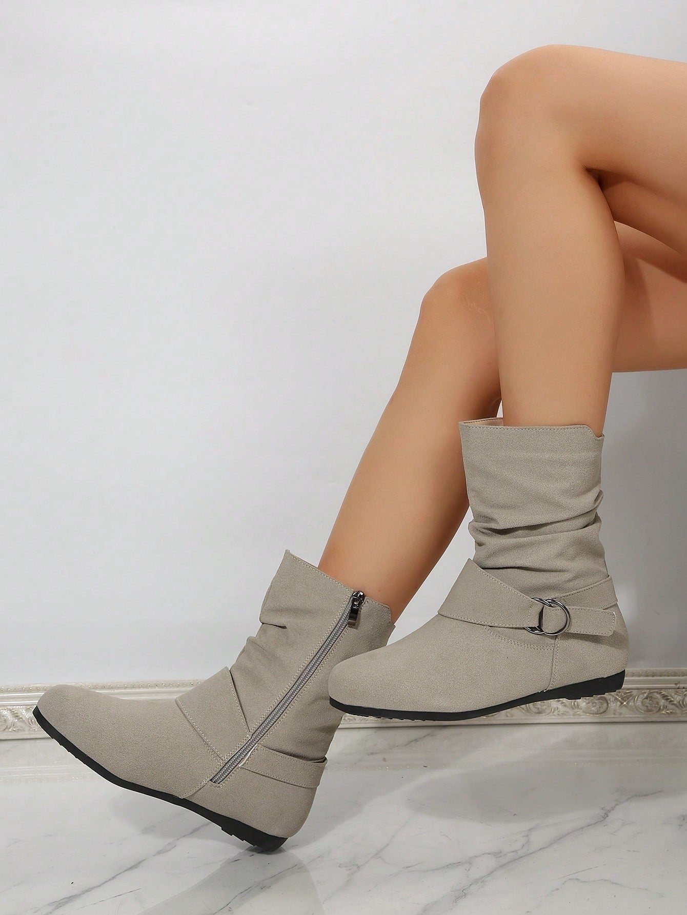 Women's Side Zipper Pleated Stacked Boots, Strap With Metal Buckle Round Toe Flat Versatile Fashion Boots