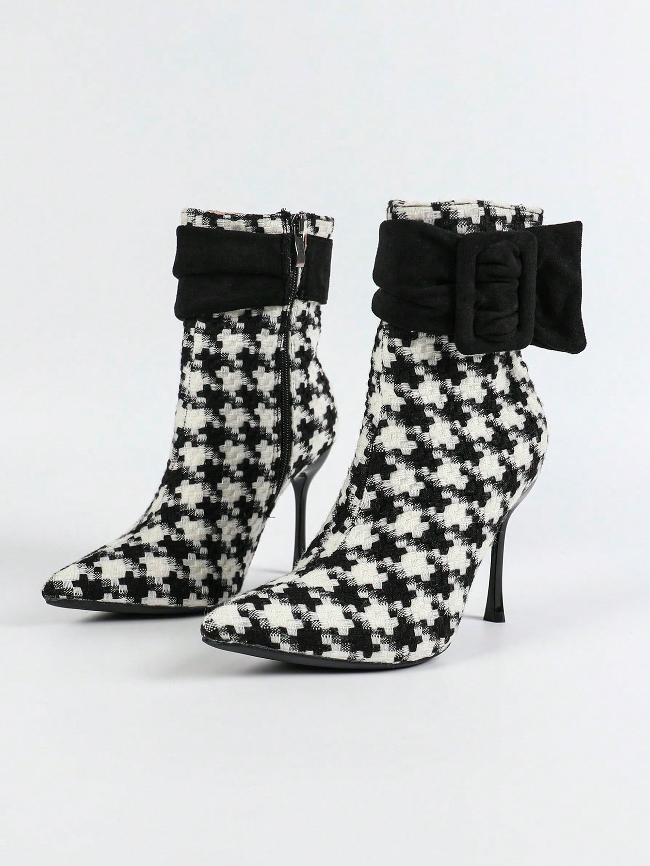 Women Fashion Fabric Upper Short Skinny Heel High Heel Shoes, Elegant European American Houndstooth Zipper Design