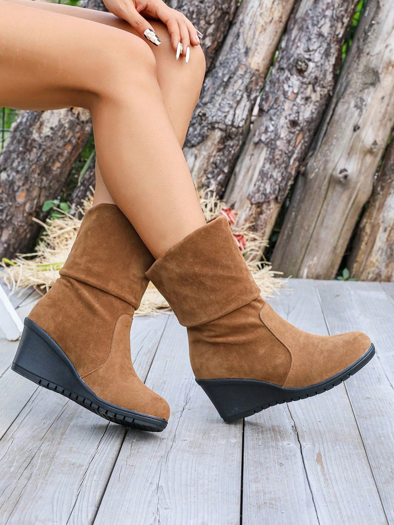 Women's Platform Mid-Calf Boots, New Design Pleated Casual Everyday Wear Short Boots, Thick Sole Equestrian Boots