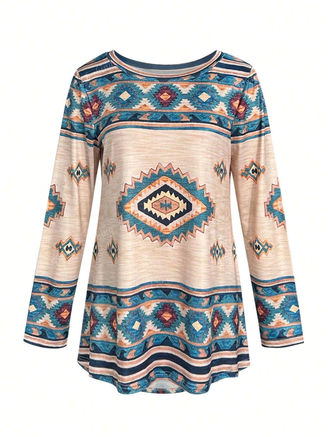 1pc Women's Retro Round Neck Fashionable Long T-Shirt Top