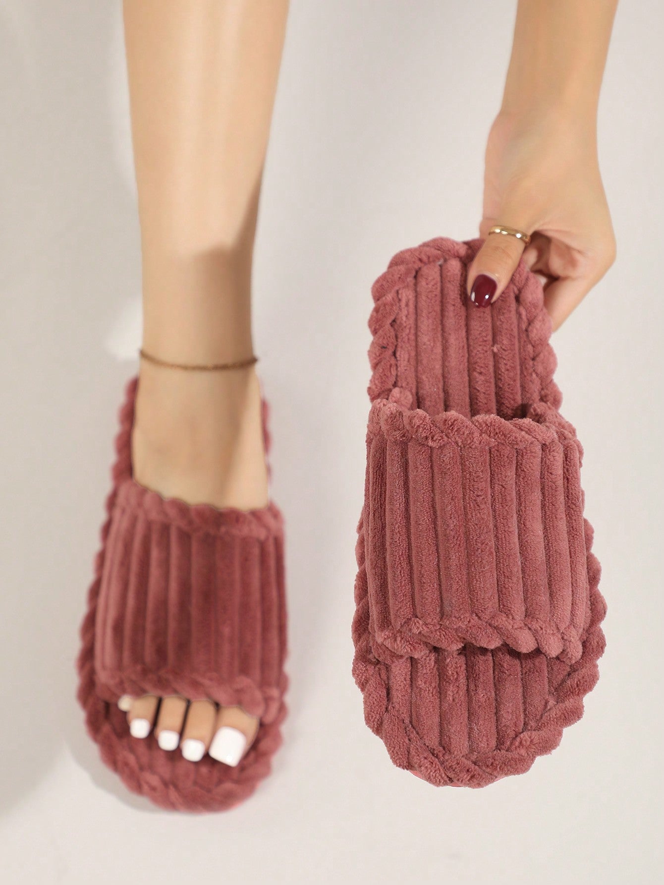 Women's Open Toe Thick Sole Fleece Lined Slippers, Warm House Shoes For Autumn And Winter