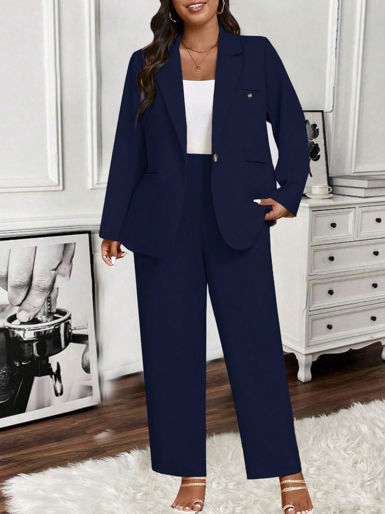 LUNE Plus Size Solid Color Long Sleeve Blazer And Pocket Pants Elegant Suit Set