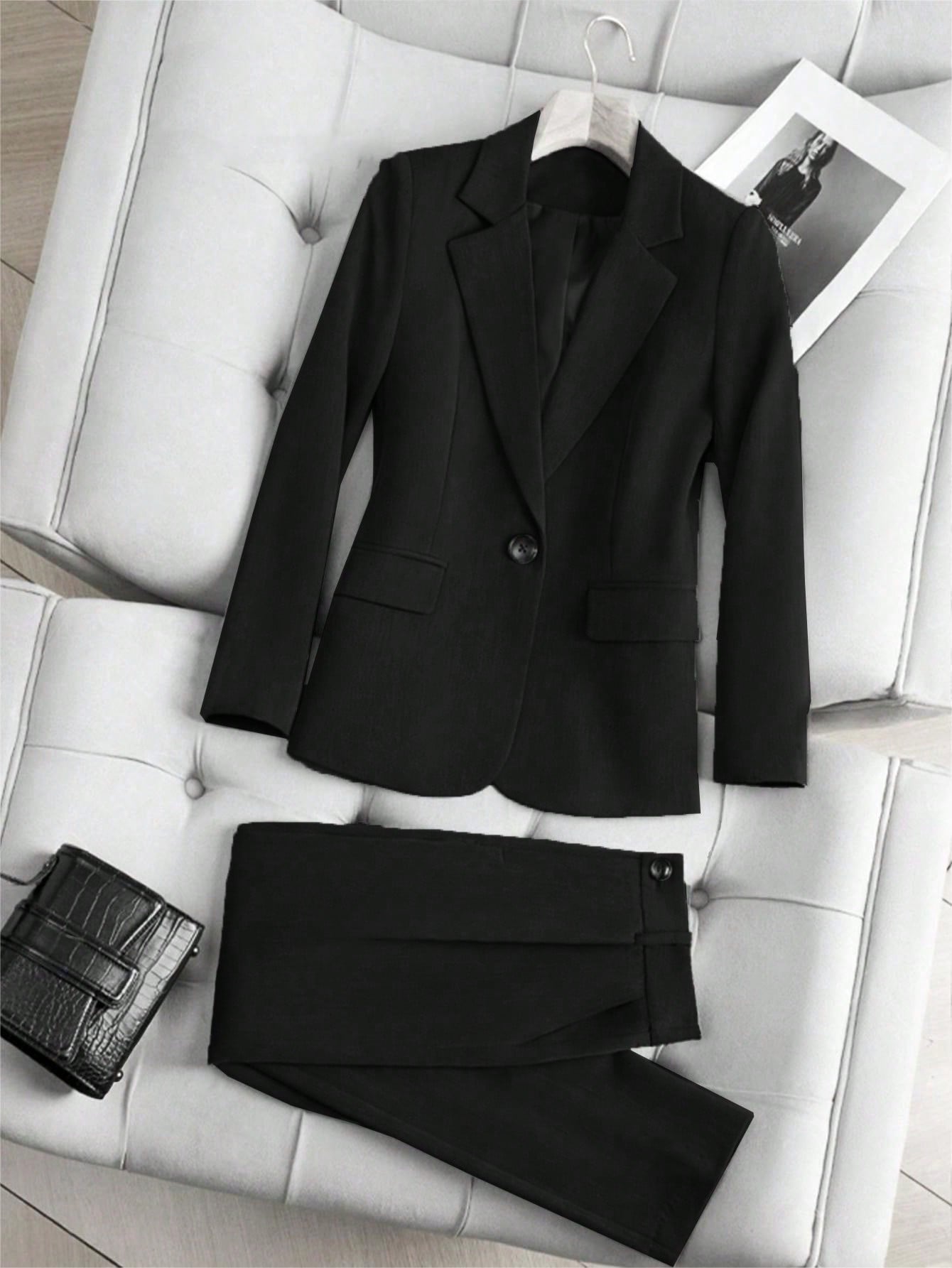 Raffinéa 2pcs Women Spring Autumn Solid Color Lapel Collar Long Sleeve Blazer And Trouser Suit For Daily Commute , Bussines Casual Women