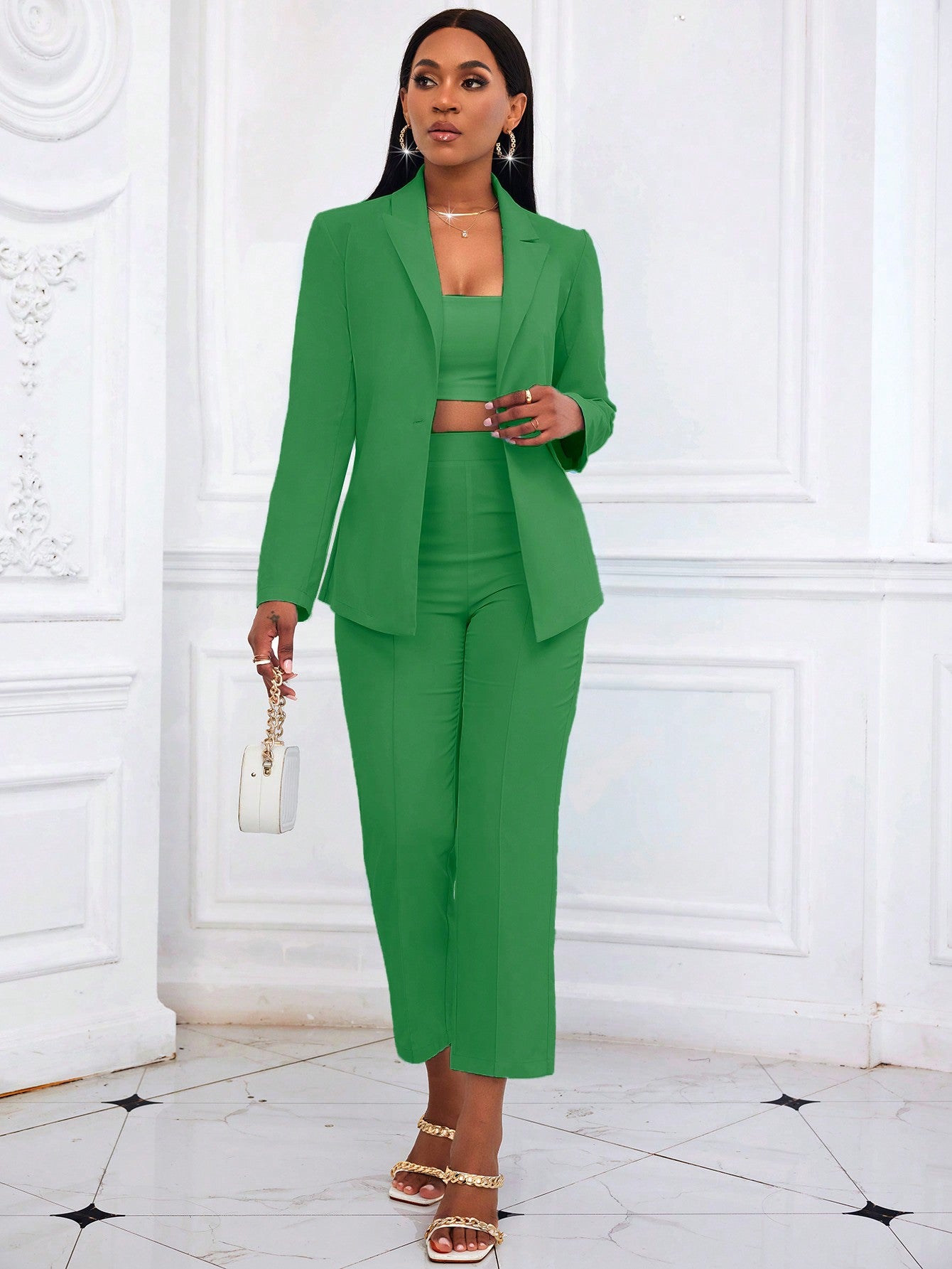 Lady Women Solid Color Long Sleeve Jacket And Pants Suit