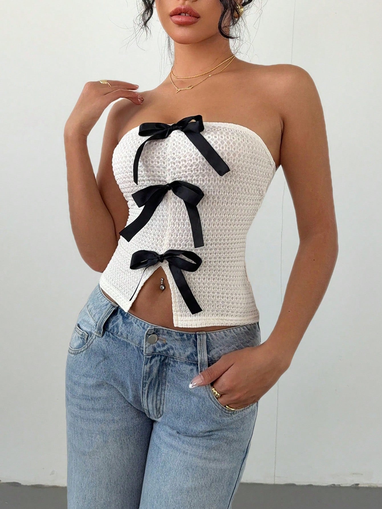 Raffinéa Front Bow Tie Contrast Color Cute Women Tube Top, Elegant Blouse