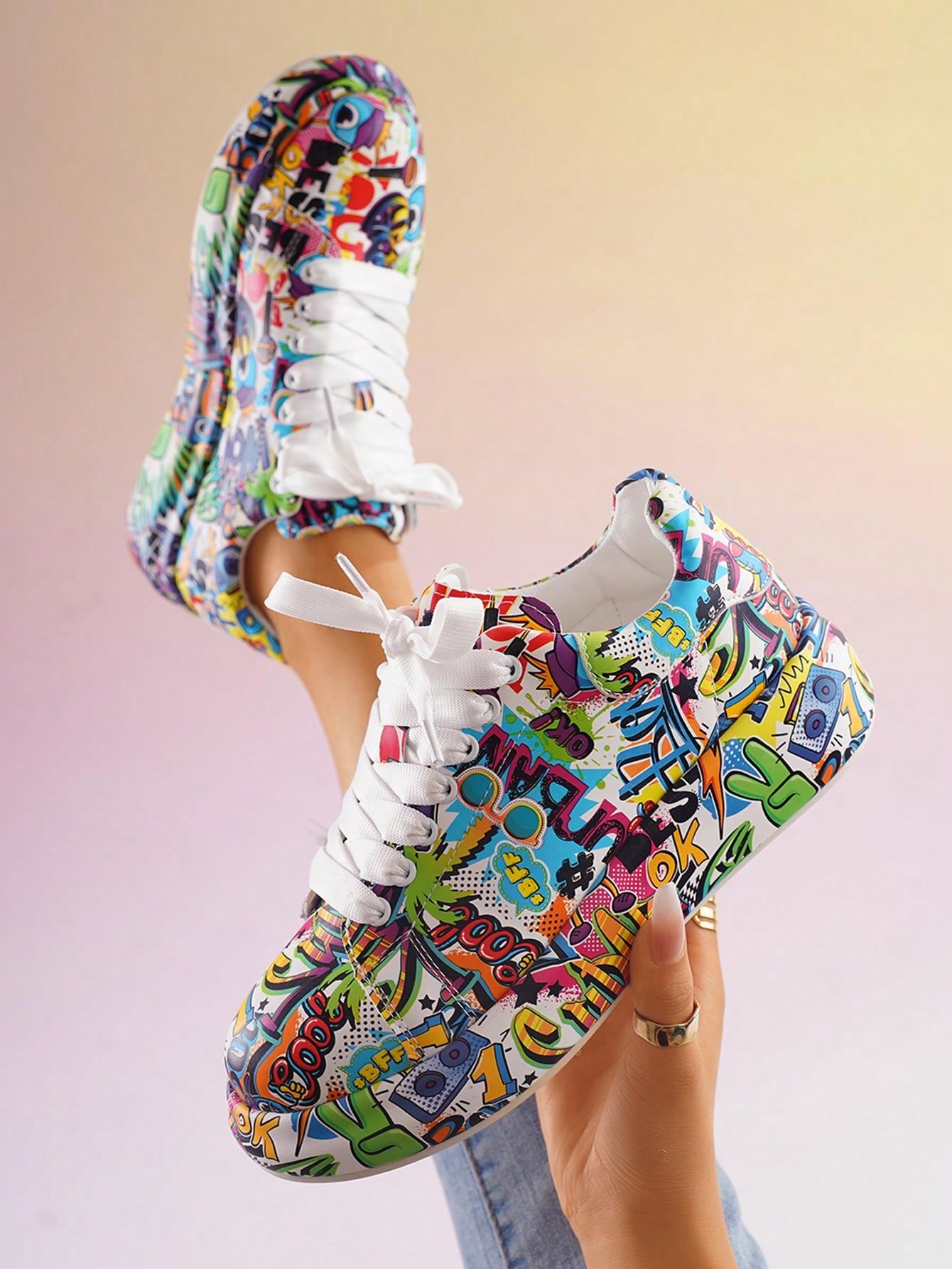 Breathable Low-Top Lace-Up Graffiti Running Shoes For Women