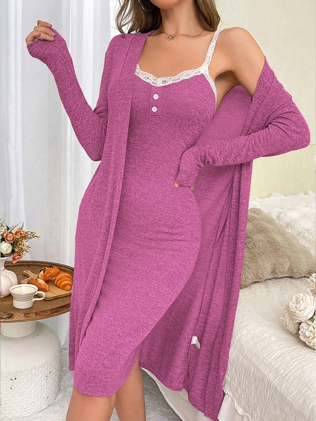 Women Lace Splice Fit Camisole & Cardigan Pajama Set