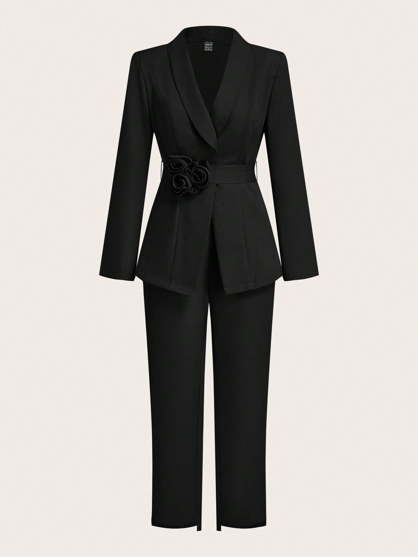 Modely Women Floral Applique Waistbelt Long Sleeve Jacket And Pant Elegant Suit Set