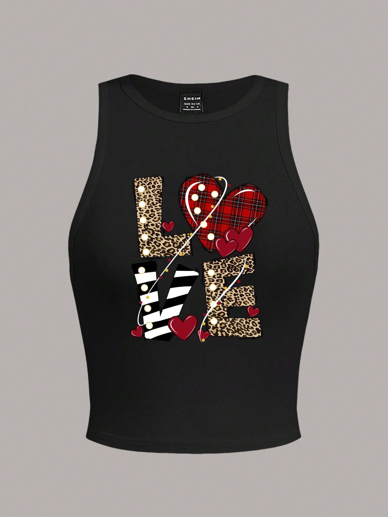 EZwear Pink Short Casual Leopard, Plaid, Striped Print Love Letter Pattern Round Neck Tank Top For Women, Summer