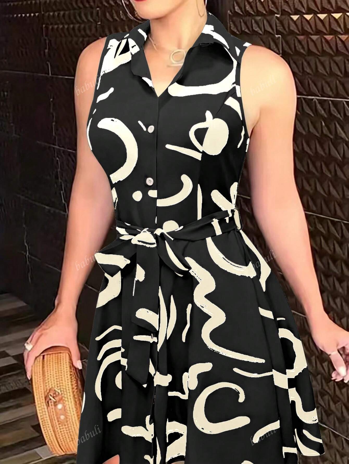 1. Abstract Print Front Button Sleeveless Dress, Casual Cinched Waist Turndown Collar Dress 2. Printed Elegant Waist Shirt Dress