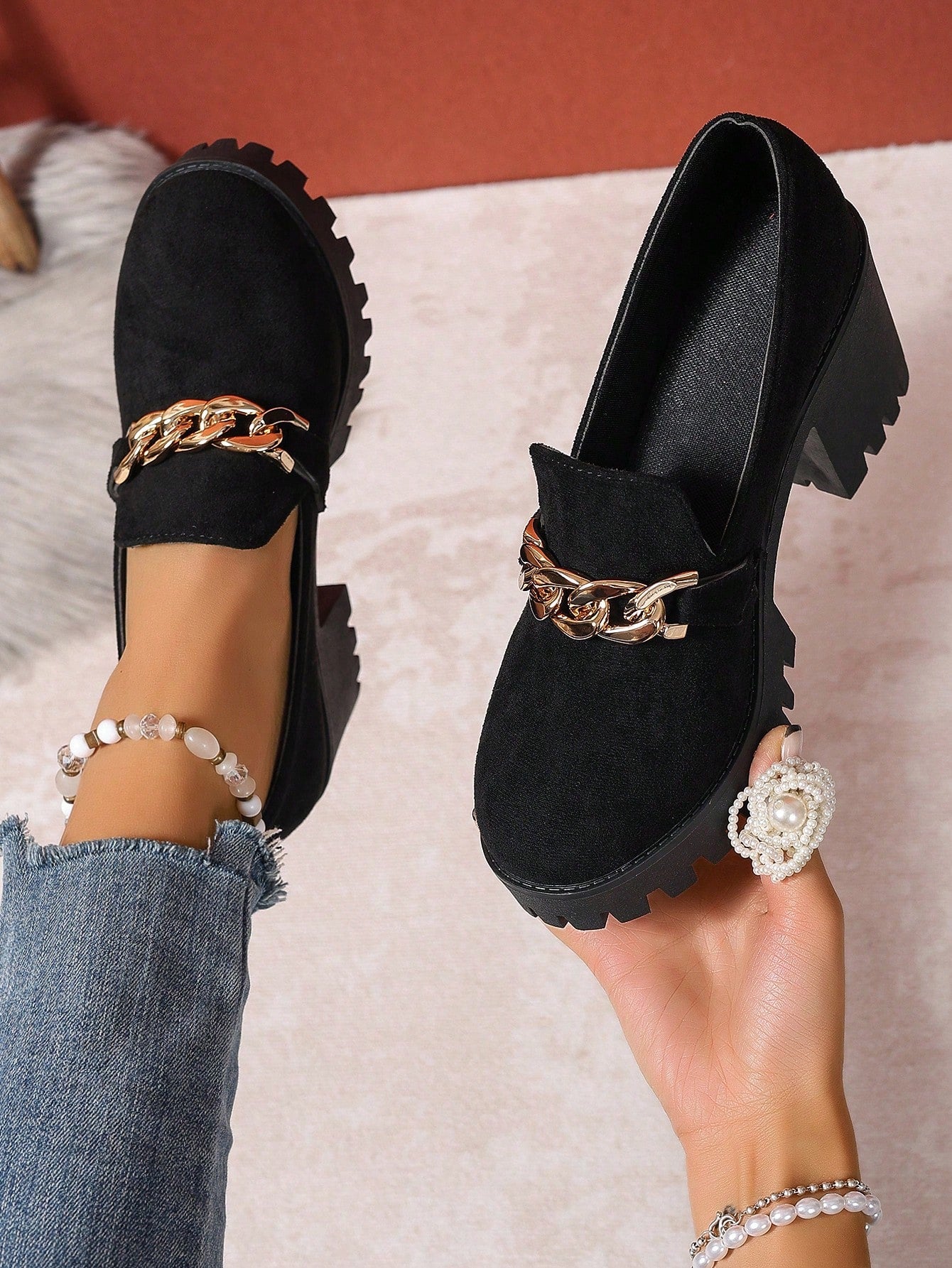 Women's Platform Mary Jane Shoes, Slip-On Velvet Creepers, Rounded Toe Thick Sole Casual Oxfords, School Style Chunky Heels