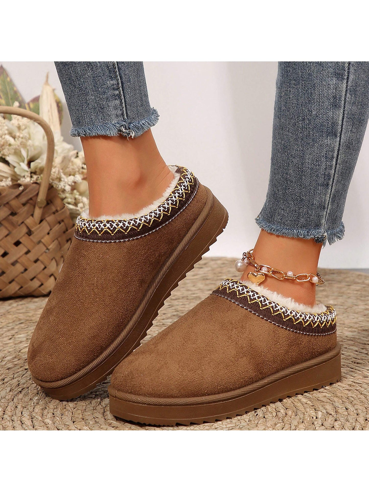 Merking Women's Winter Slippers, Platform Snow Boots, Thickened Flat Boots, Fur Lining, Warm Shoes, Outdoor Non Slip Boots