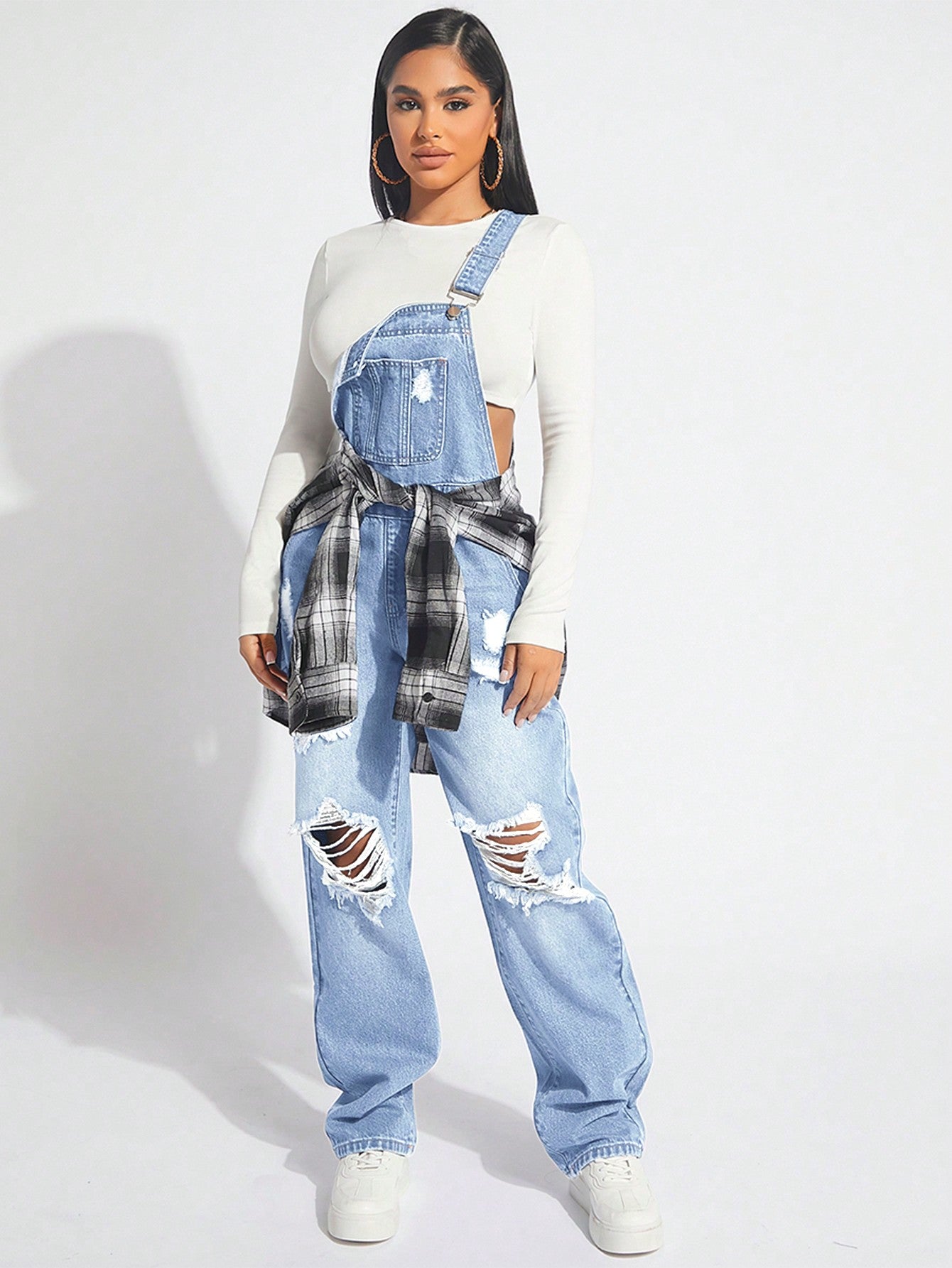 SXY Women's Wide Strap Button Distressed Casual Denim Overalls