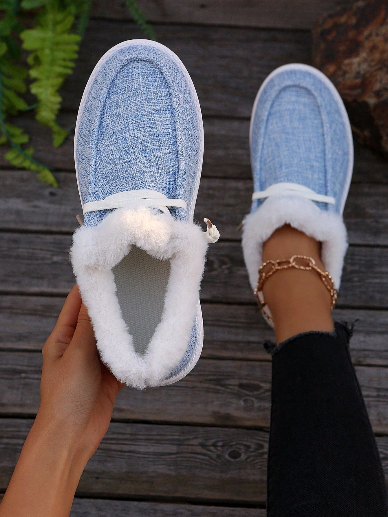 Plush Slip-On Loafers Women Fuzzy Warm Slouchy Shoes Low-Top Snow Boots, Wear With Sweater