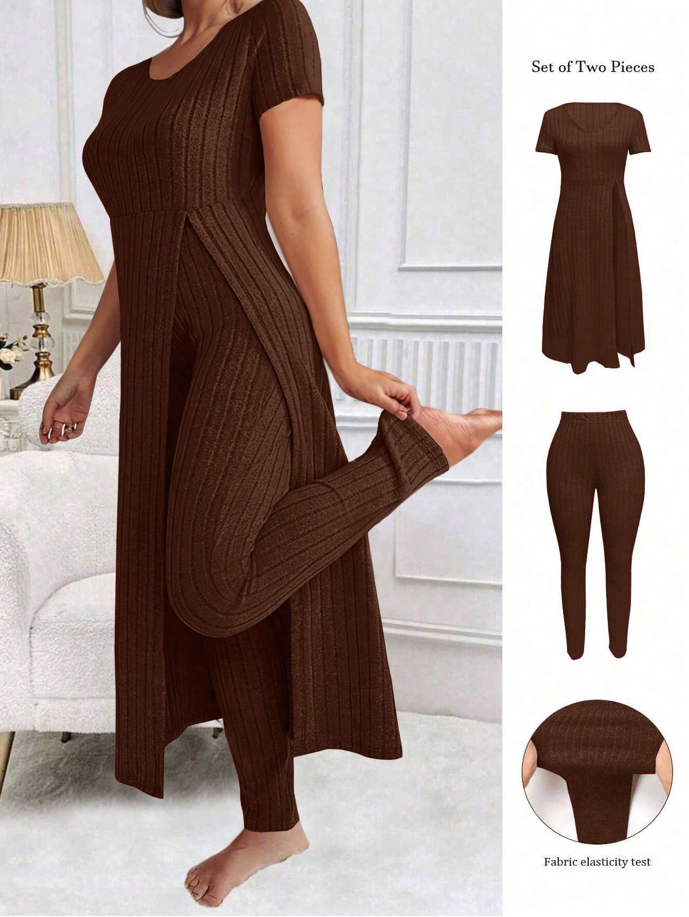 LUNE Plus Size Women Solid Color Simple Daily Short Sleeve Top & Long Pants Set