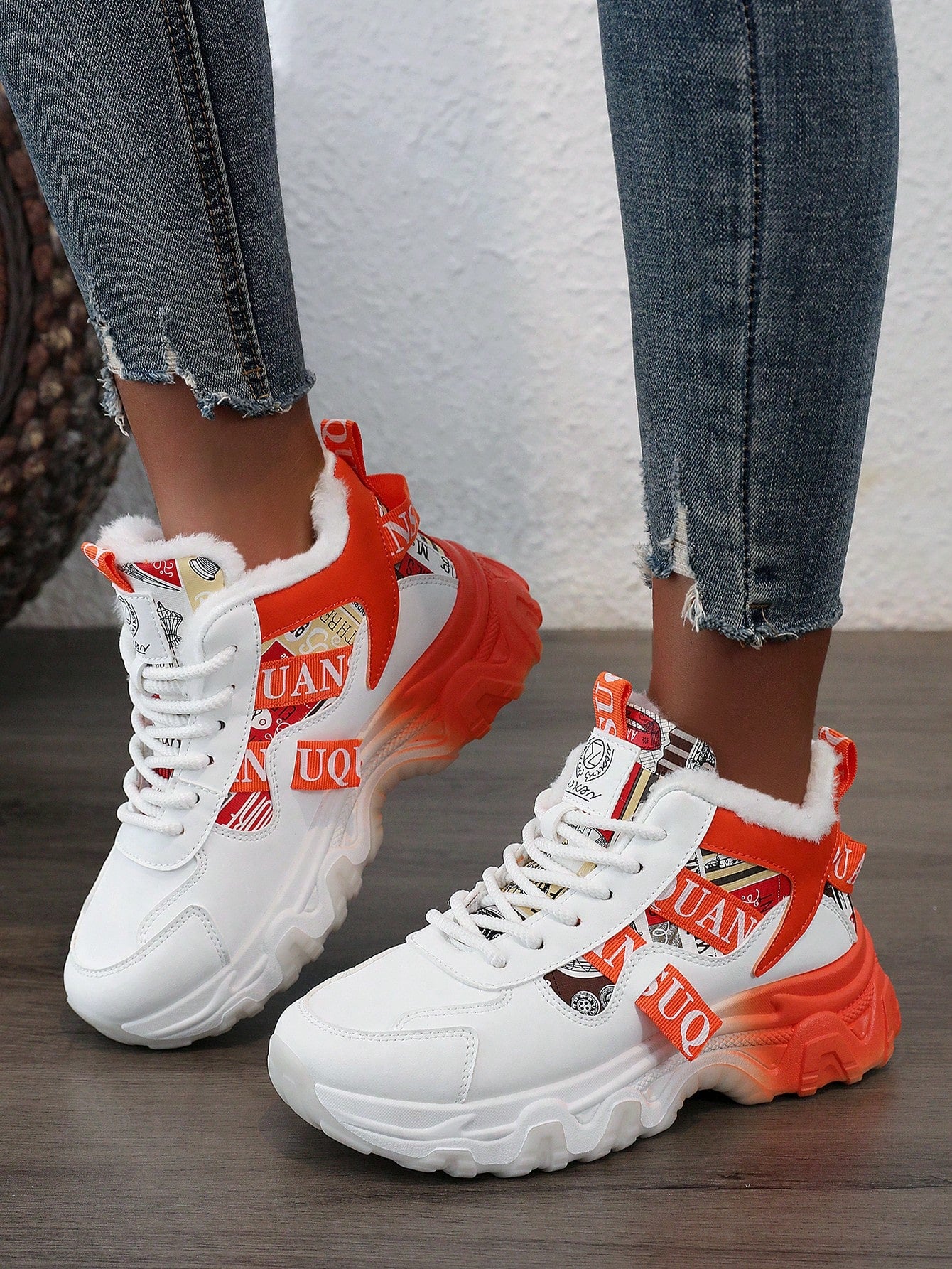 Women 2024 Fashion Colorblock Faux Leather High Top Sneakers, Thermal Lined, Casual Flat Shoes For Winter