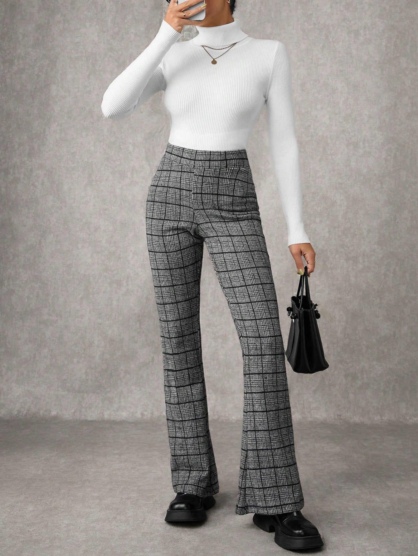 Women's Plaid Print Flare Leg Elastic Waist Elegant Commuter Pants